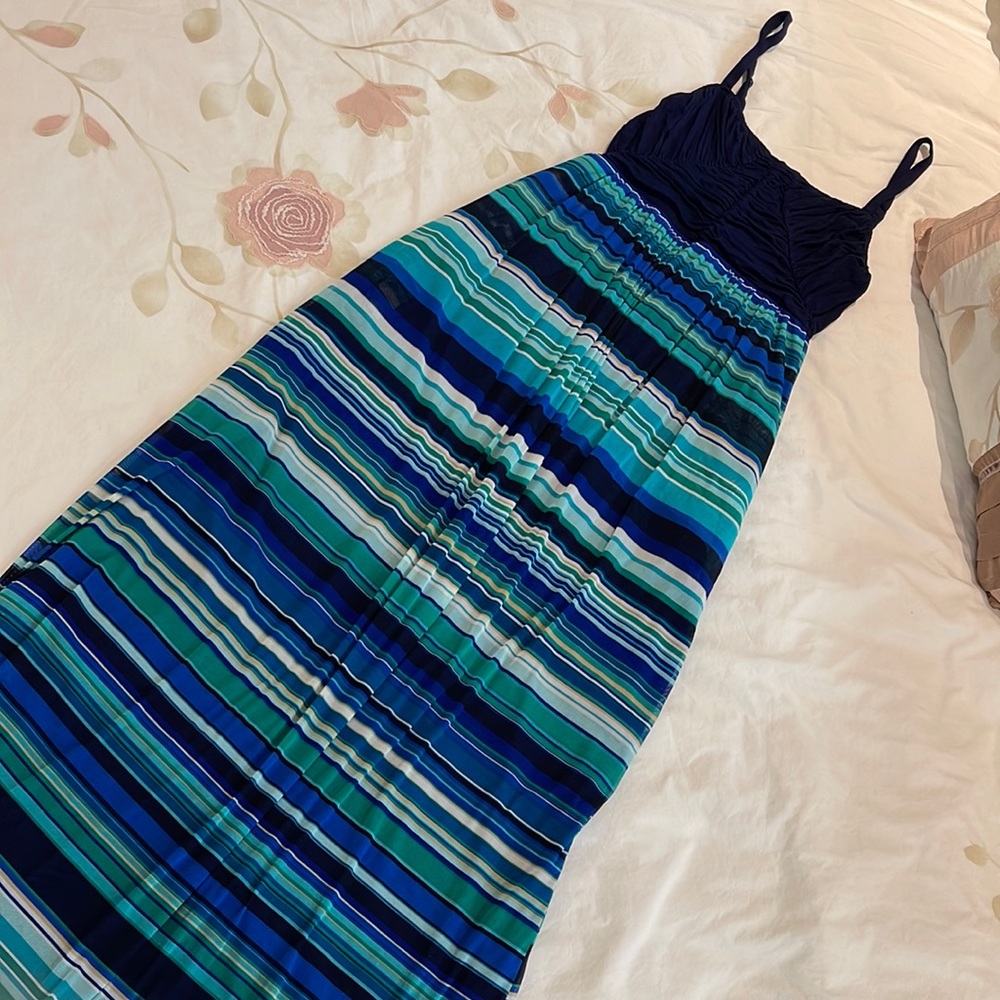 Women small Blue and green stripped maxi long dress mesh with adjustable straps